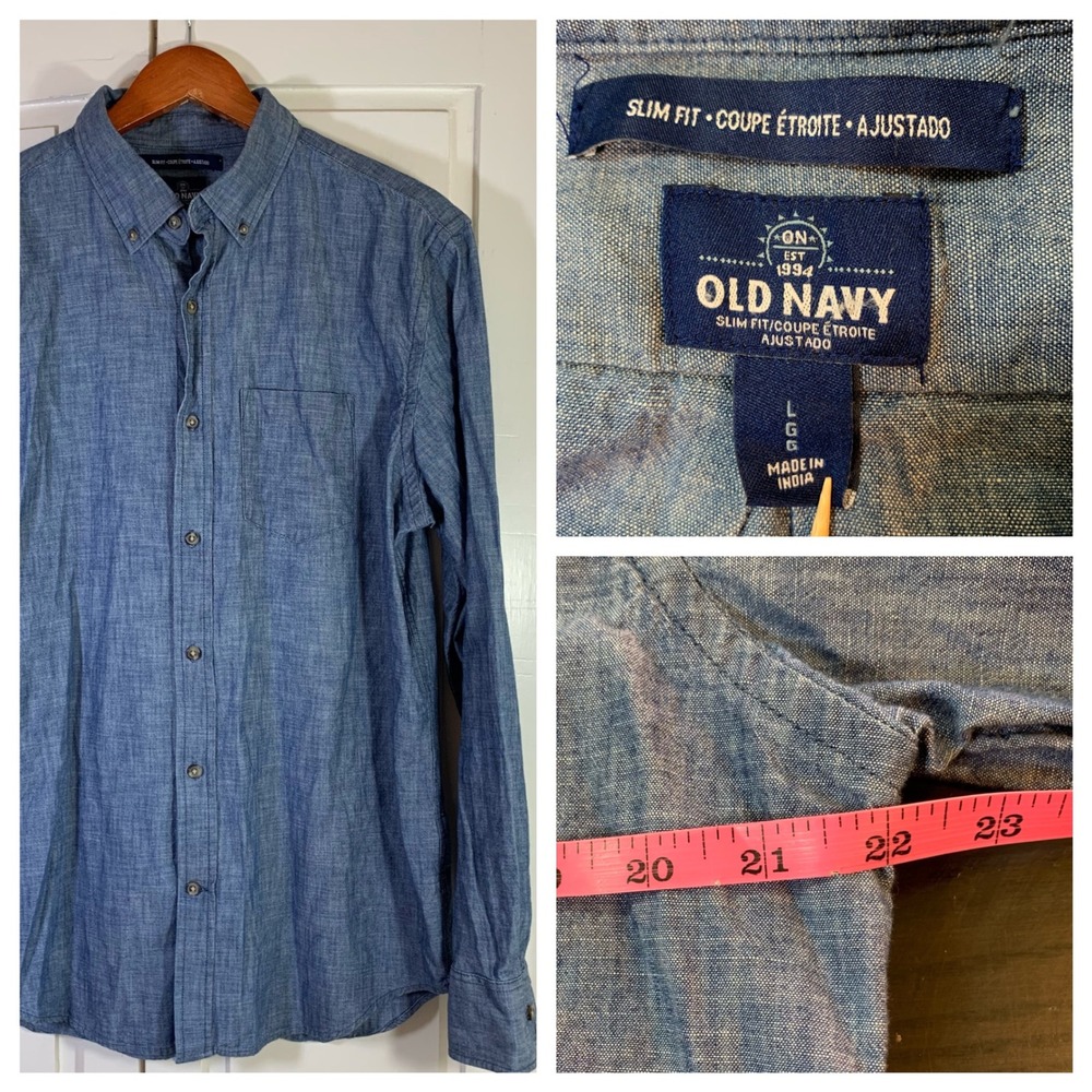 Old Navy Mens Chambray Button Down Shirt Large Slim Fit Long Sleeve Blue Casual
